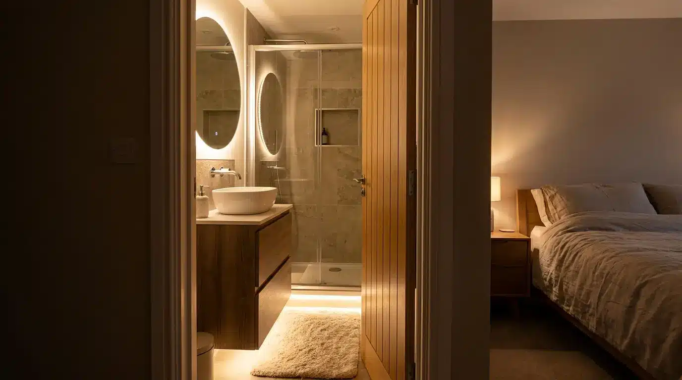 ensuite bathroom beside bedroom with vanity shower and calm private layout lighting