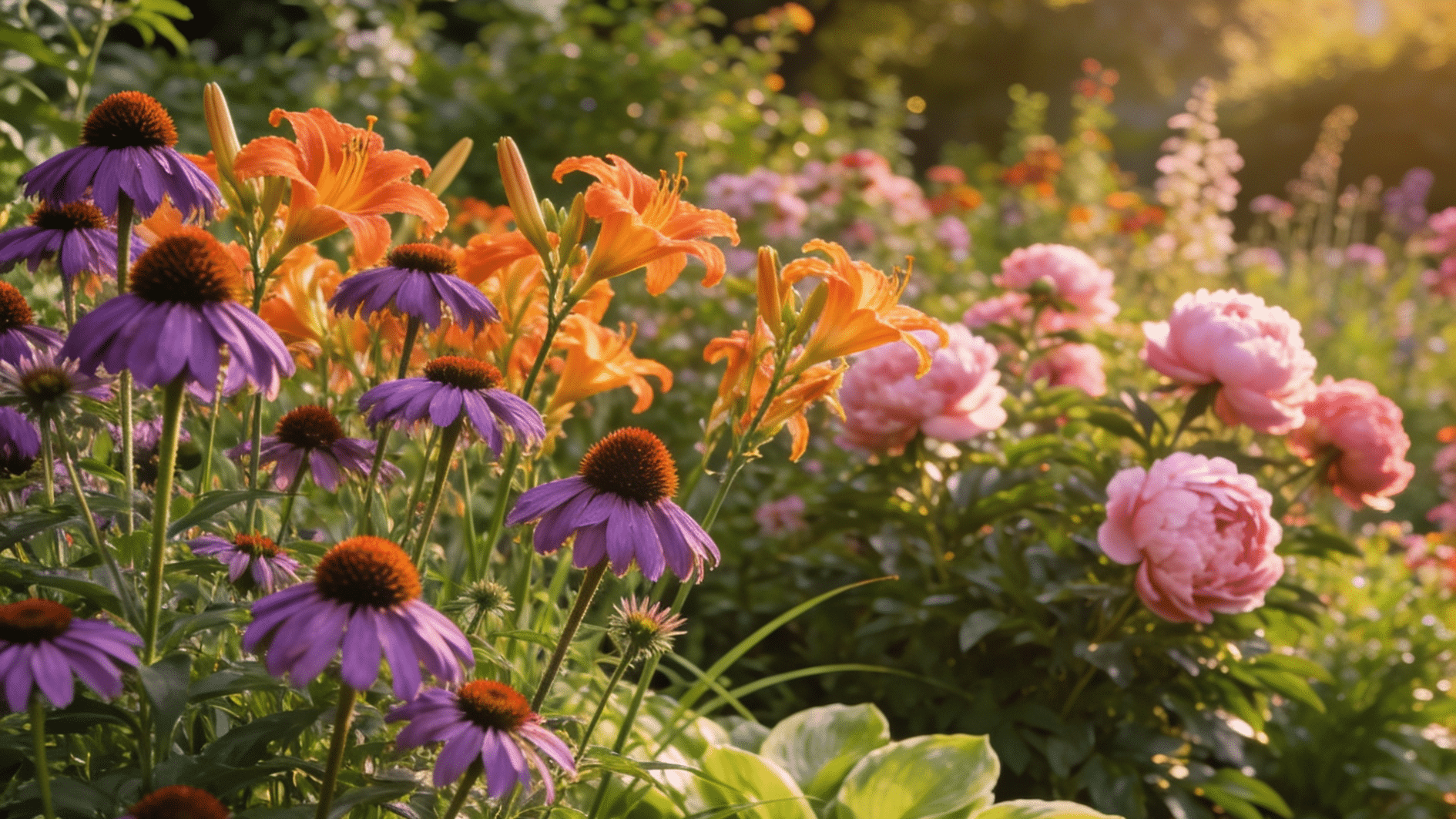 established perennial garden in full summer bloom with coneflowers daylilies peonies and hostas growing together
