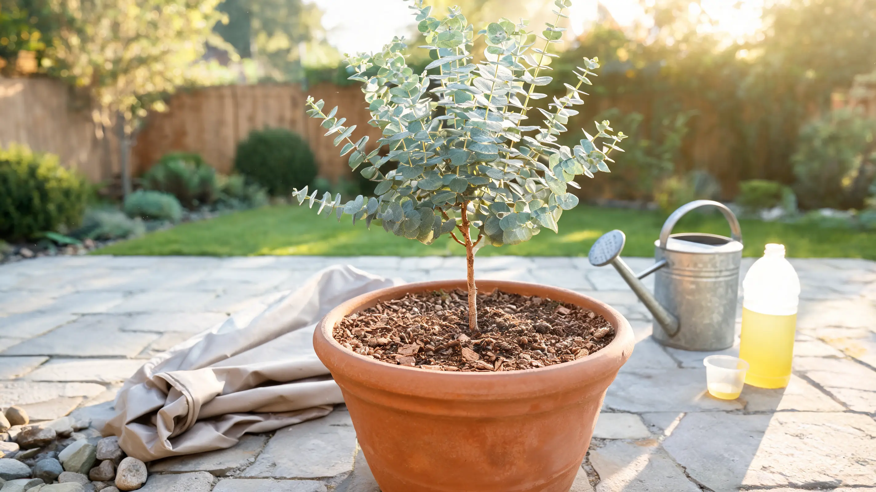 potted eucalyptus tree outdoors showing sunlight water and care supplies around the plant nearby