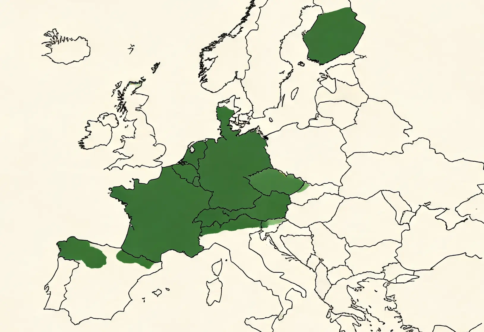 map of europe with green shaded regions showing the broad native range of the european beech tree