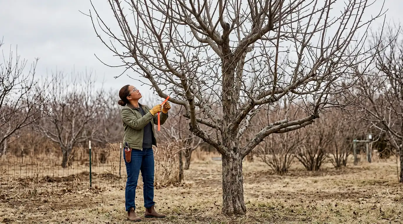 woman inspecting the structure of a tall leafless apple tree with orange tape in a winter orchard