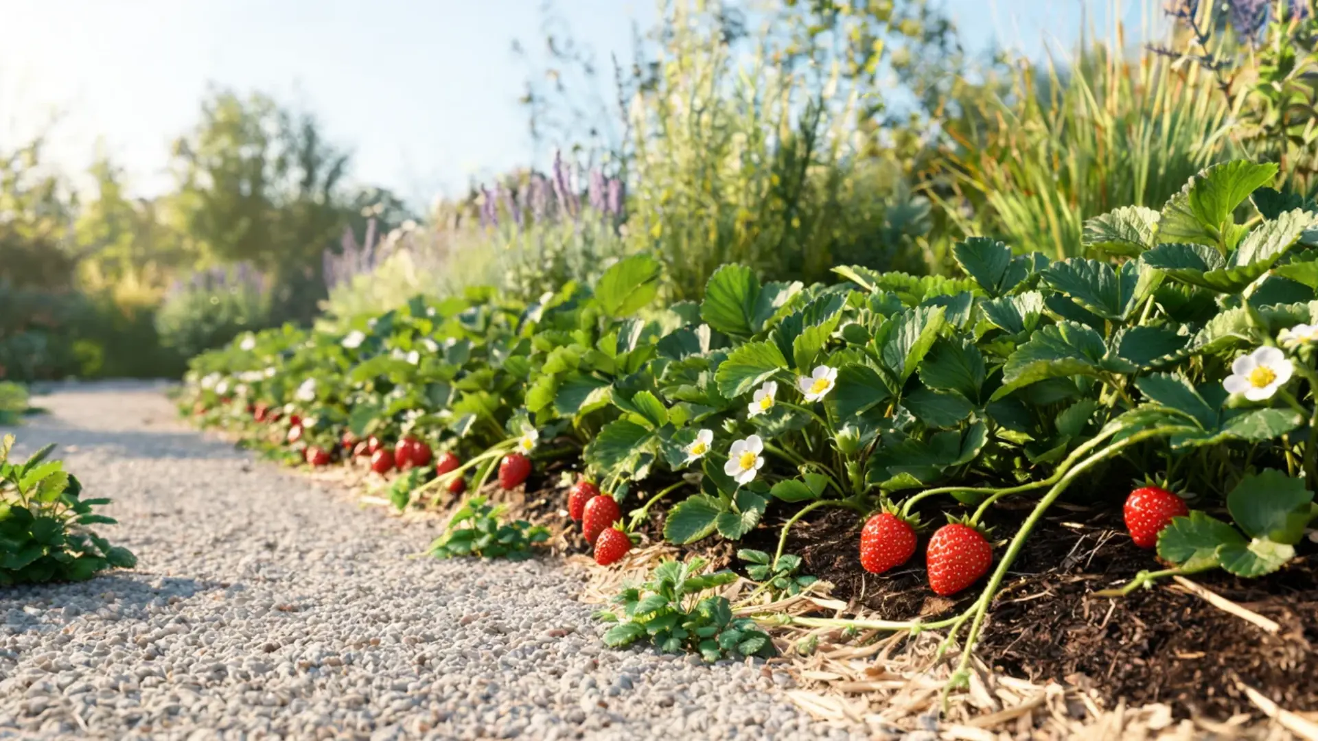 everbearing strawberry plant with white flowers ripe red berries and low leafy green foliage