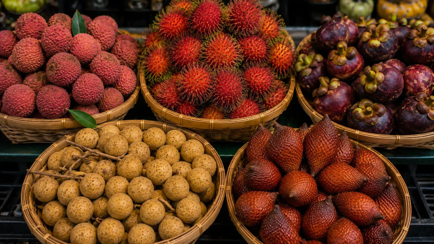 exotic fruit names lychee rambutan mangosteen longan and salak shown in a market display