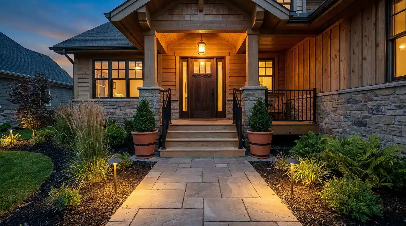 front porch with matching planters lit steps and pathway lights at dusk