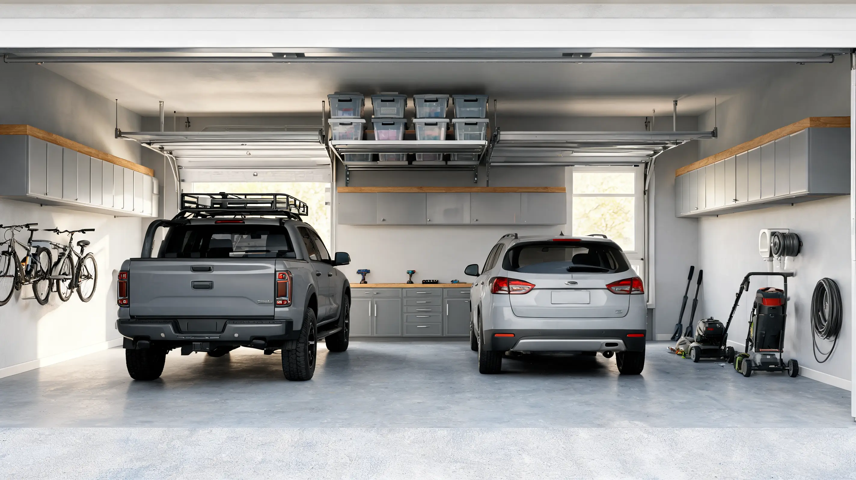 pickup truck and suv parked inside an organized two car garage with cabinets bikes and overhead storage