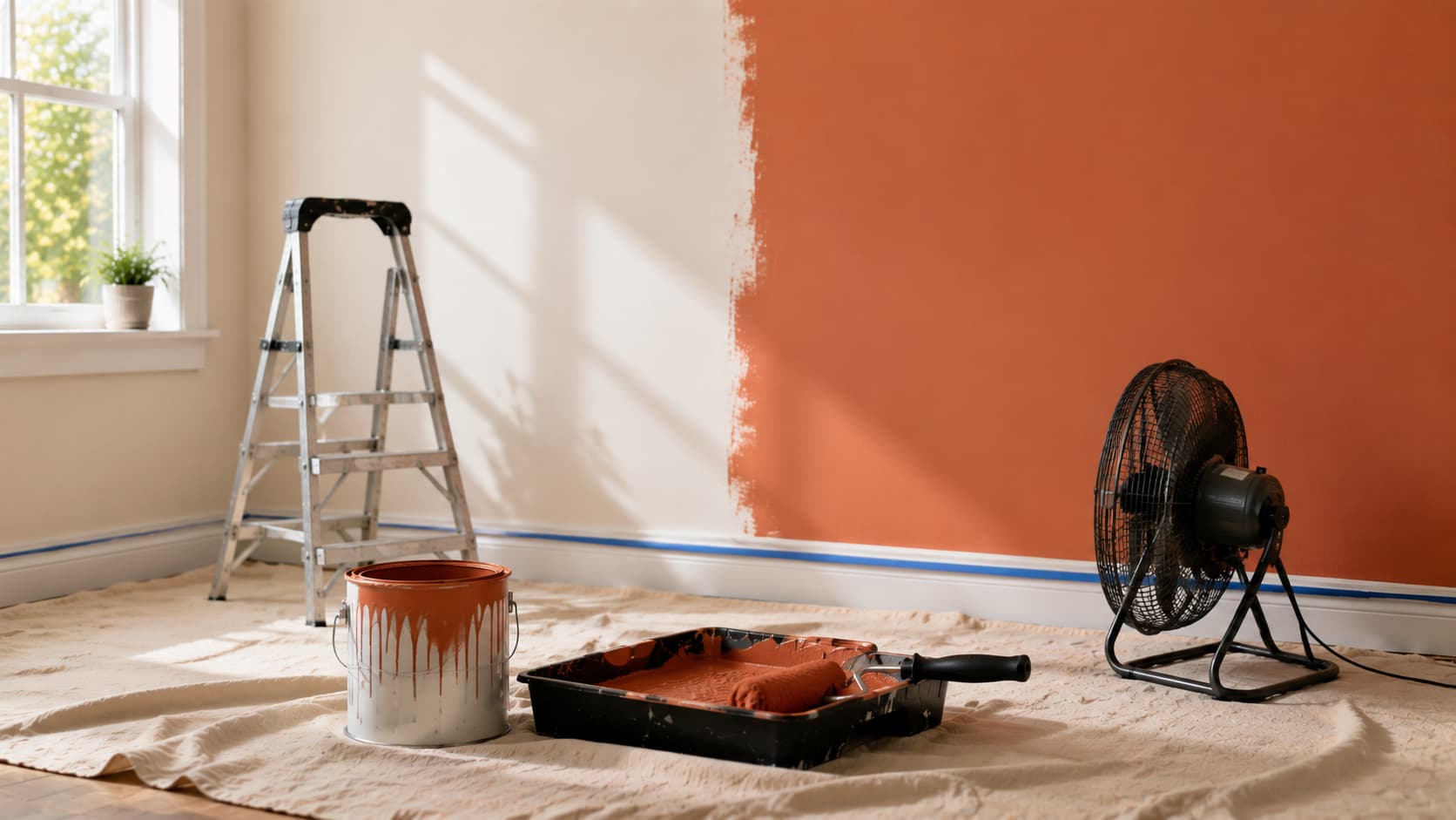 partially painted orange accent wall with painting tools and a nearby fan to support indoor paint drying conditions