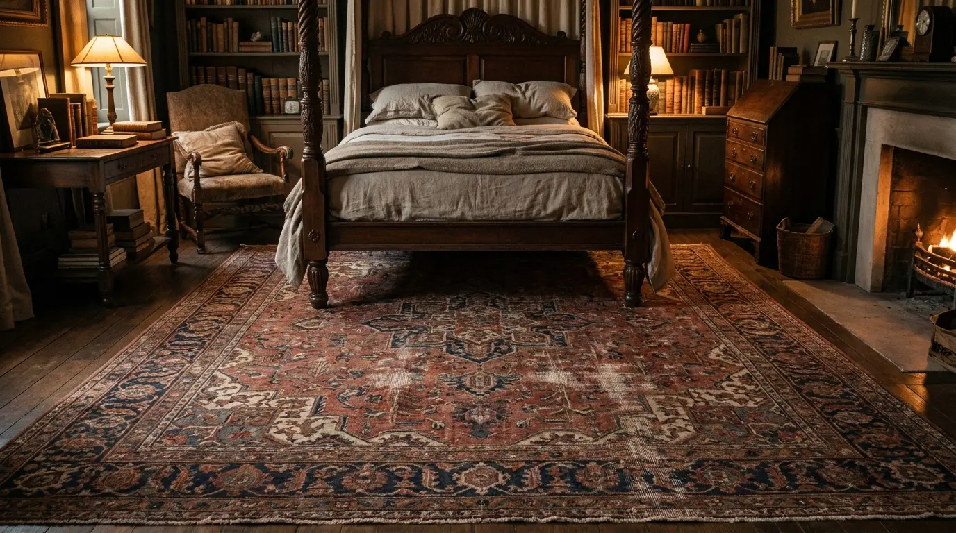 faded persian rug under a dark wood bed with warm bedding and moody bedroom lighting