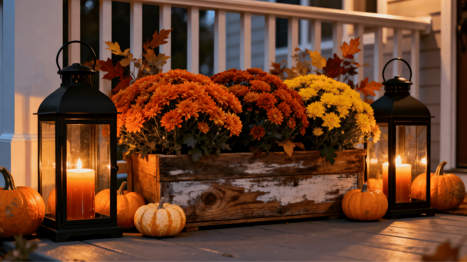 fall porch planter with glowing lanterns, colorful mums, pumpkins, and autumn leaves in warm evening light