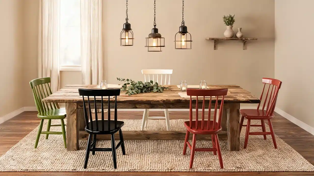 farmhouse table with glossy painted chairs in a rustic eclectic dining room