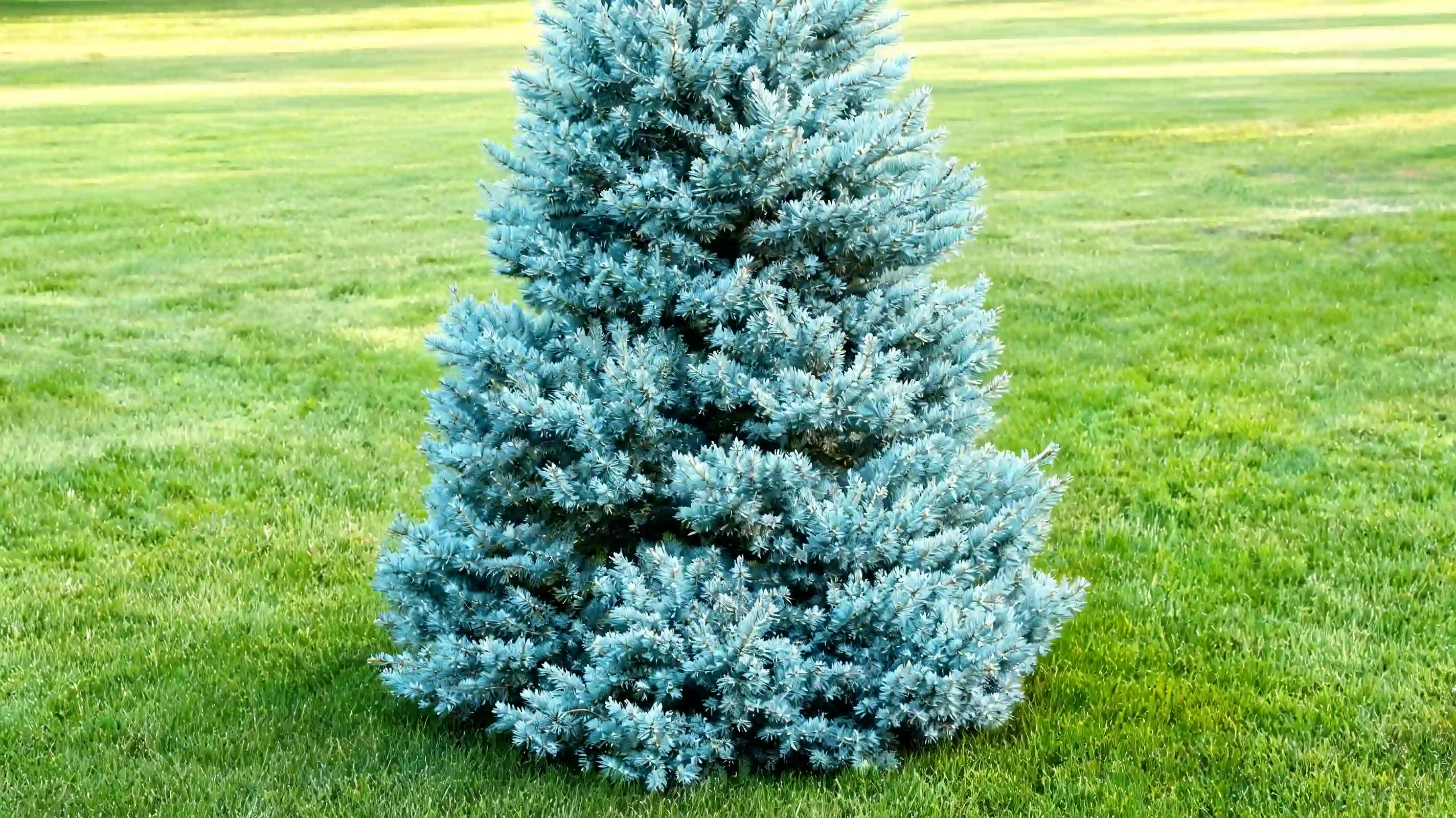 compact fat albert blue spruce with steel blue needles and a broad full cone shape in a garden