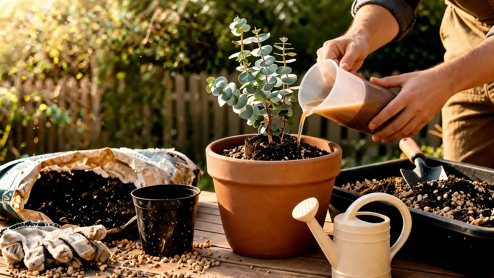 gardener pours liquid fertilizer into a terracotta pot holding a young eucalyptus plant outdoors in sunshine