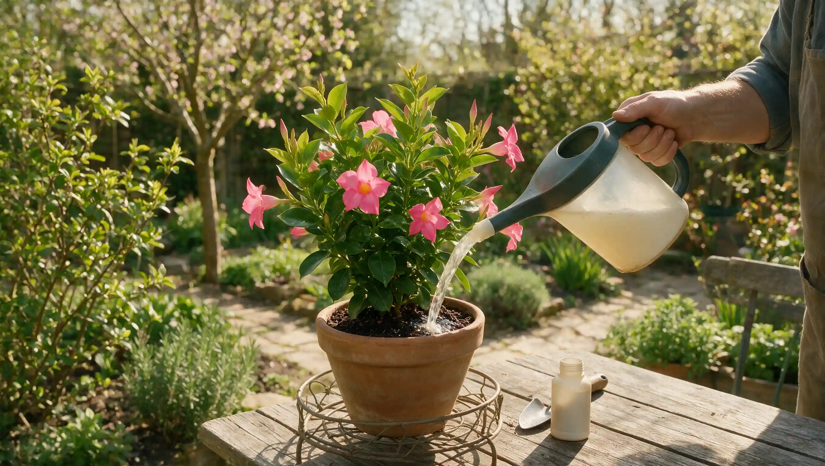hand applying liquid fertilizer to a potted dipladenia plant to support healthy blooms