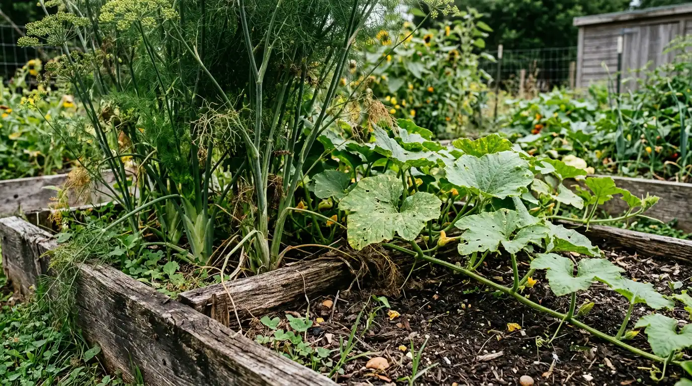 tall fennel grows beside pumpkin vines in a raised bed, creating shade and crowded root space