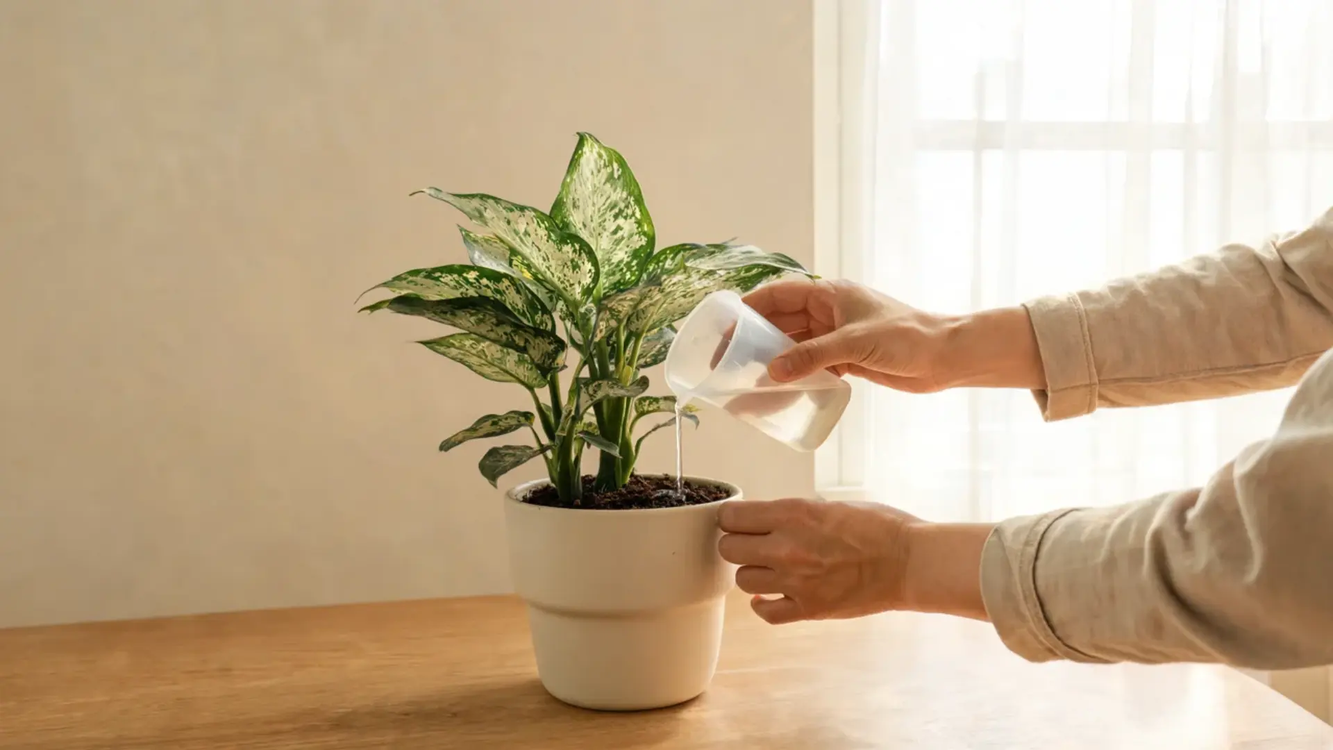 a hand pouring liquid fertilizer into potted soil to feed a leafy houseplant during active growth