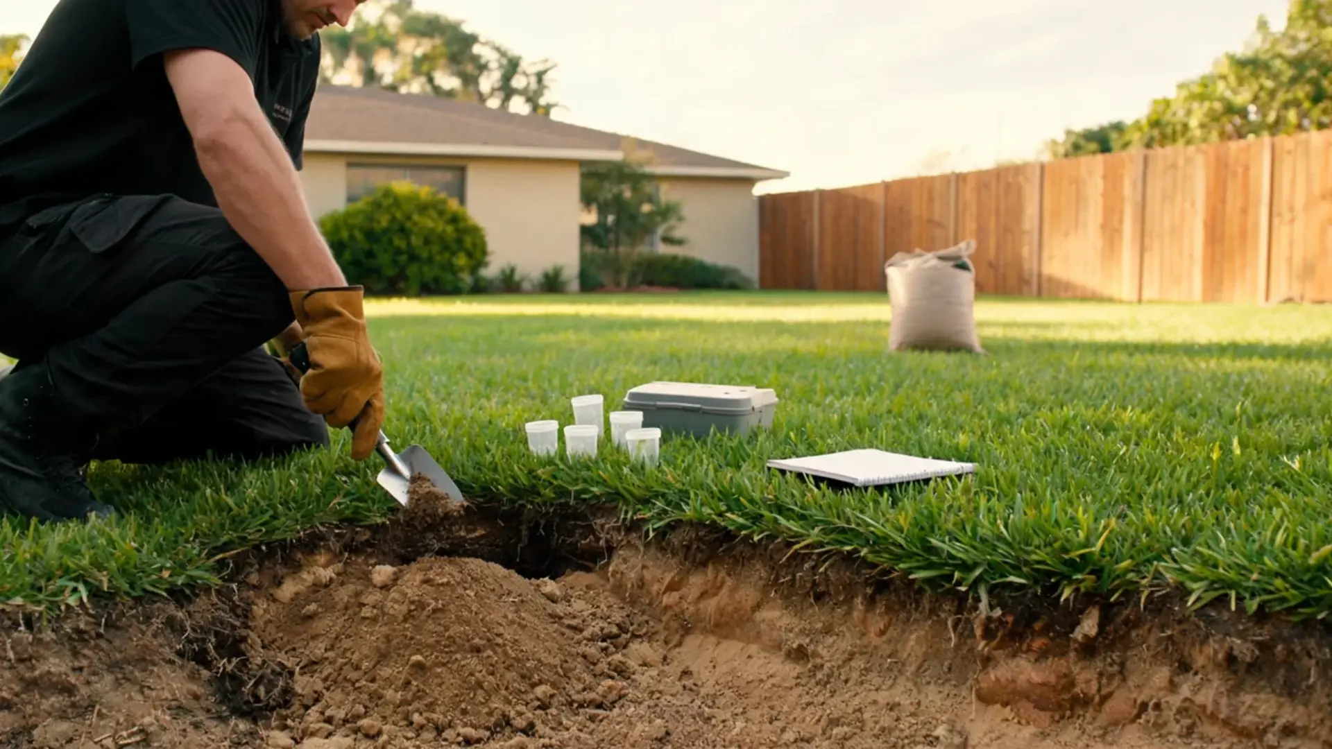 gardener collecting a soil sample beside testing cups and tools in a healthy lawn
