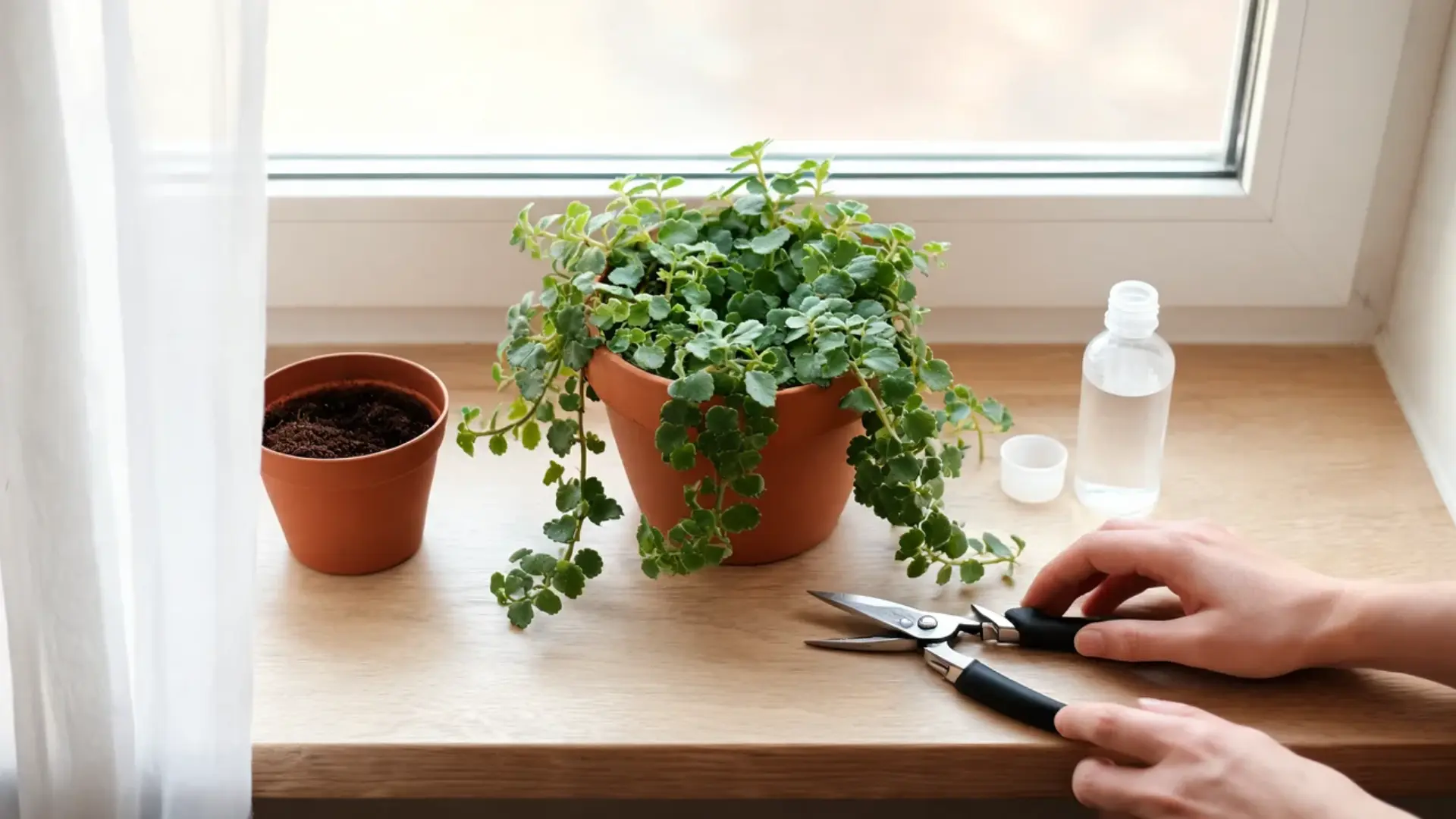 a trailing swedish ivy plant on a windowsill beside pruning shears fertilizer and an empty pot
