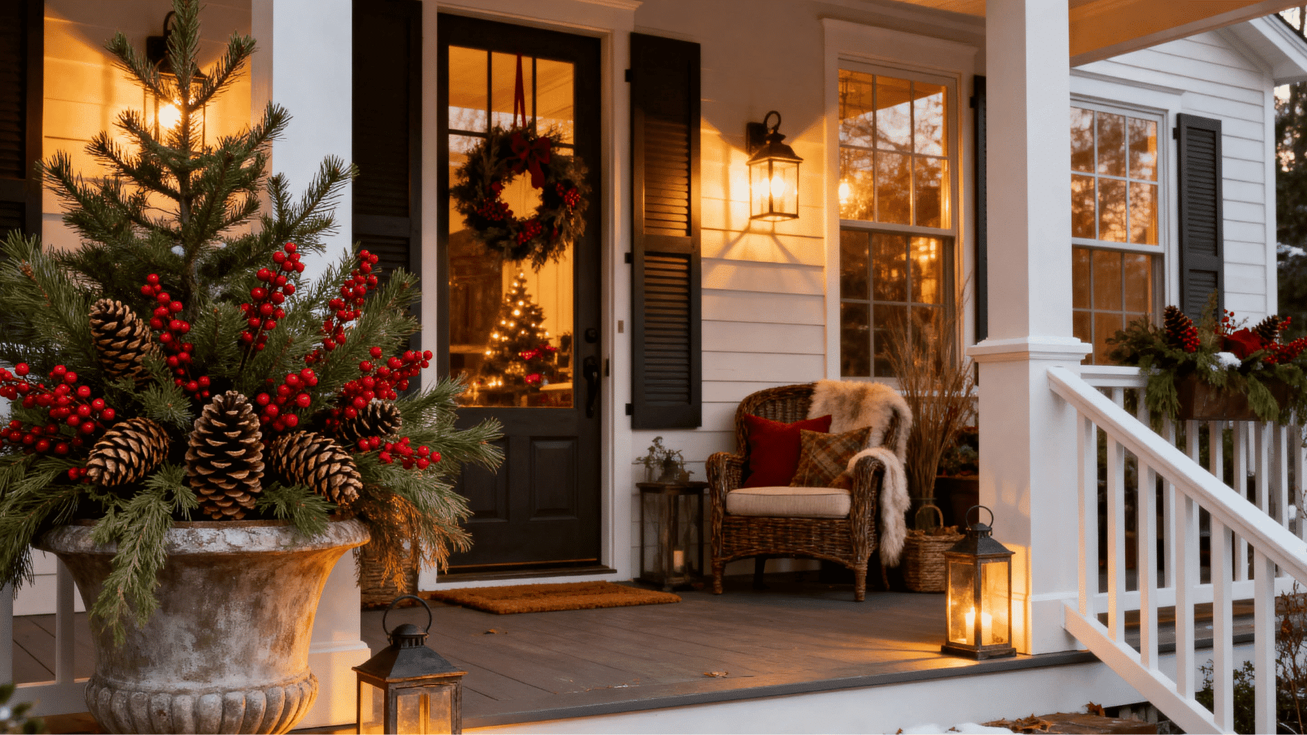 festive winter porch with evergreen planters, pinecones, lanterns, and a wreath glowing in warm evening light.
