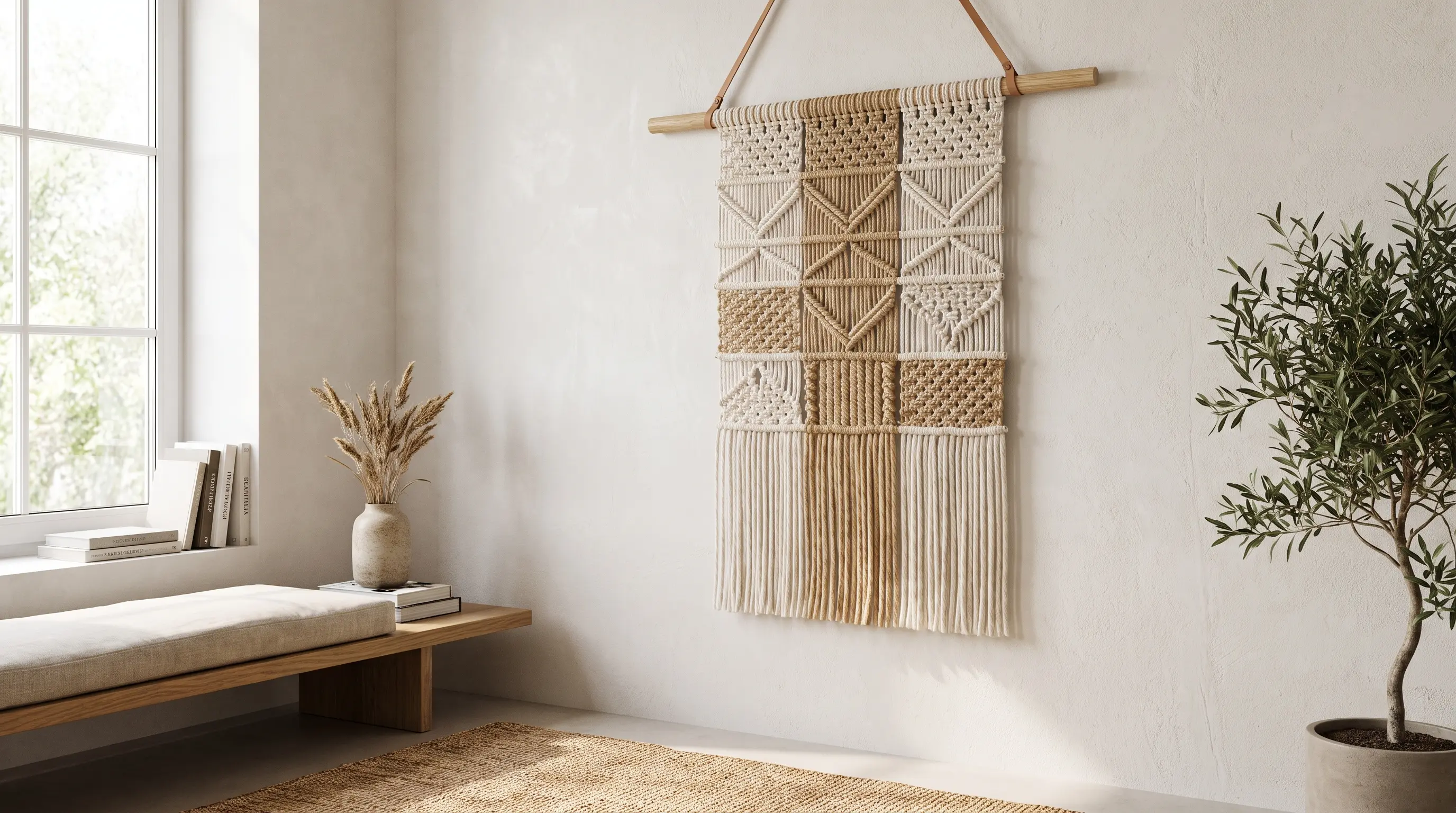 rope and yarn knotted carefully onto a support bar to form a soft macrame style wall hanging