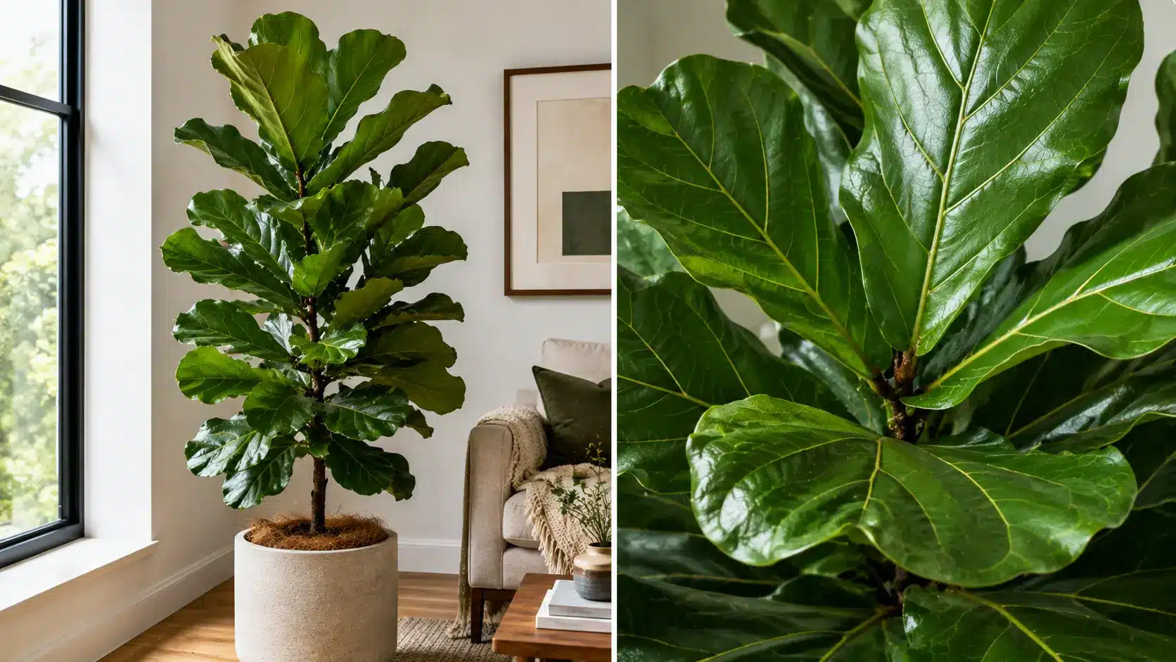 fiddle leaf fig indoors with large glossy violin shaped leaves beside a bright living room window