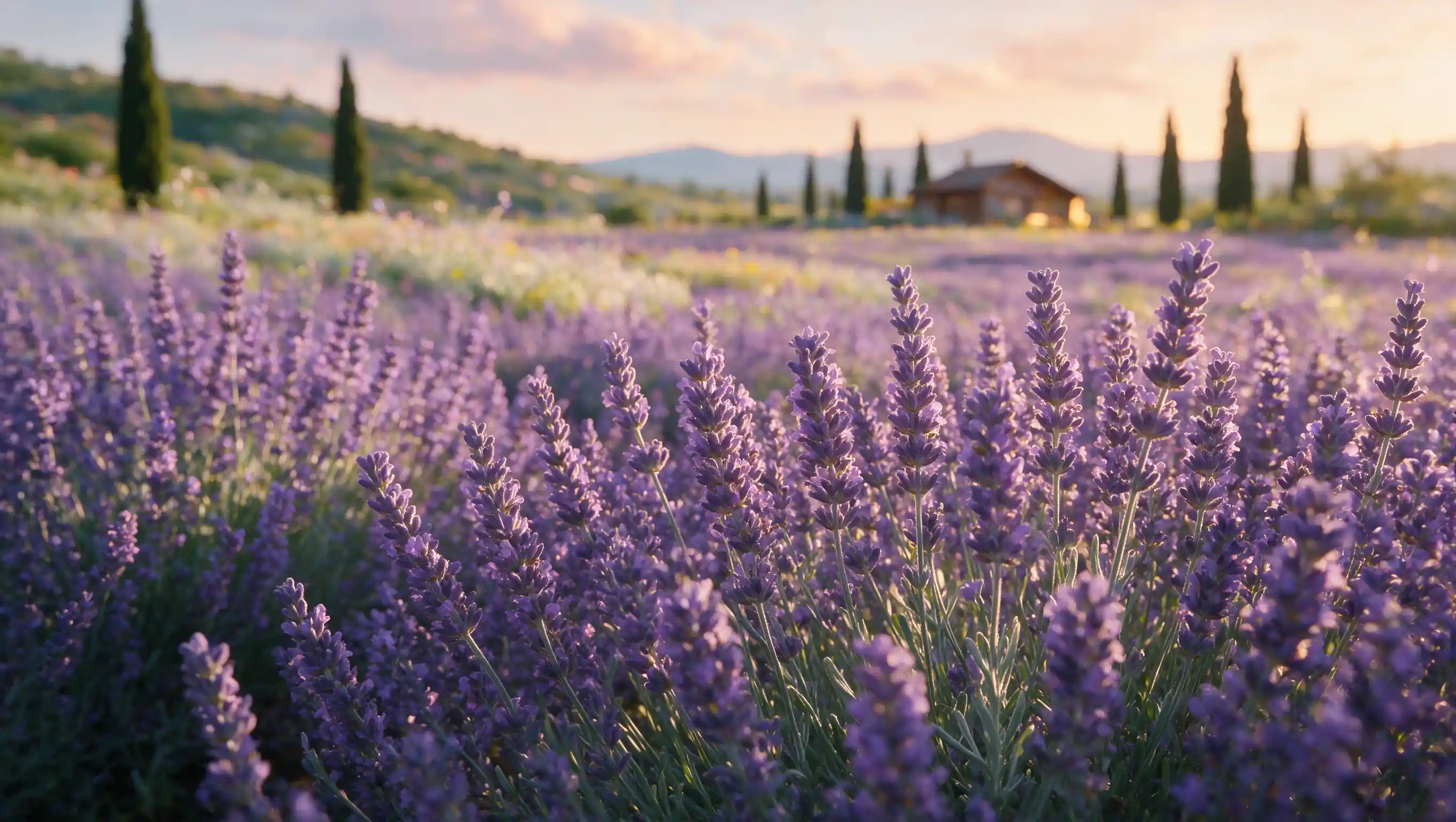 field of blooming lavender with tall purple flower spikes swaying in a sunny garden border