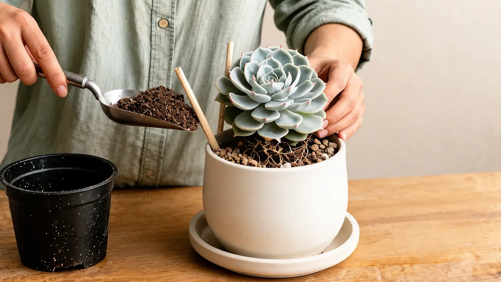 a person steadies an echeveria while adding loose succulent soil around its roots with a small metal scoop