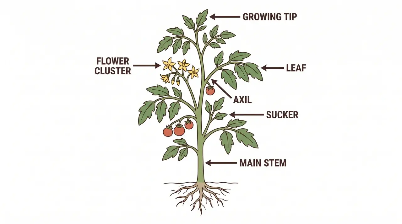 close up view of a tomato plant stem showing a small sucker growing near the first fruit cluster
