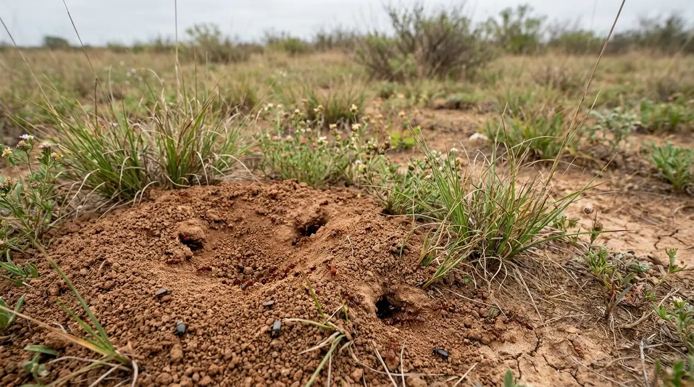 fire ant mound in dry grassland with loose soil entrances surrounded by sparse plants and open field