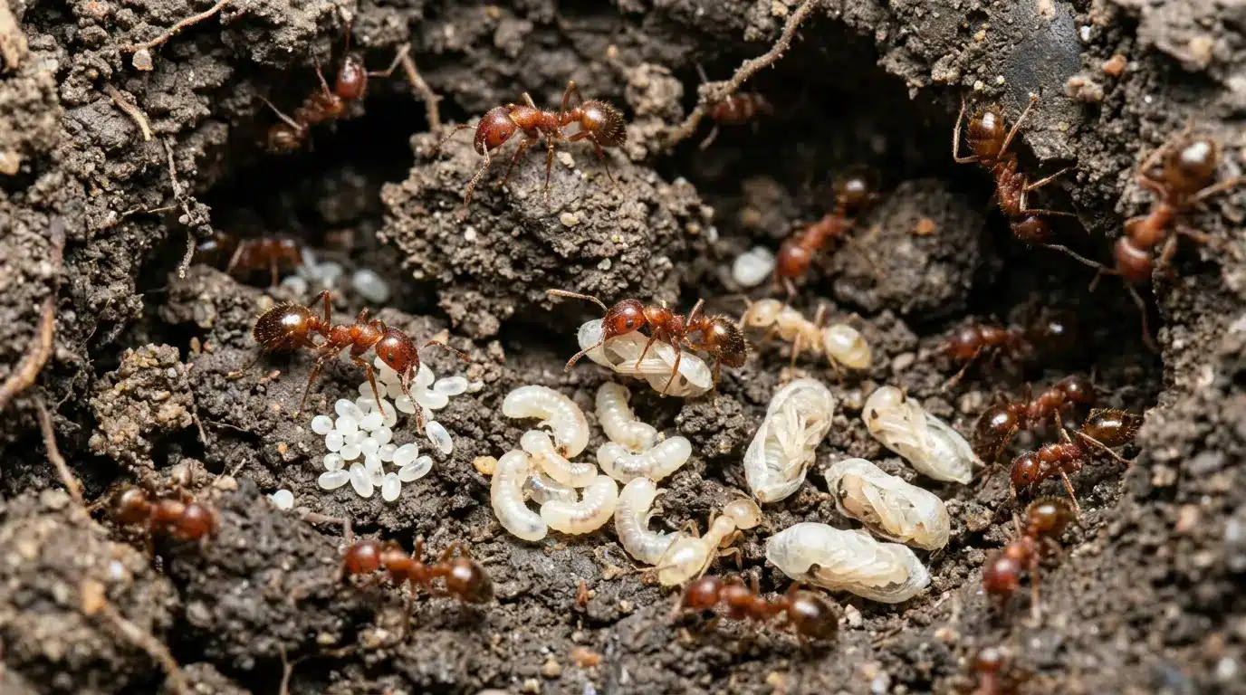 fire ant nest chamber showing workers caring for white eggs larvae and pupae beneath the soil