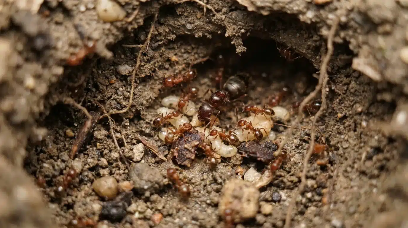 fire ant queen inside an underground nest chamber surrounded by workers larvae and loose soil