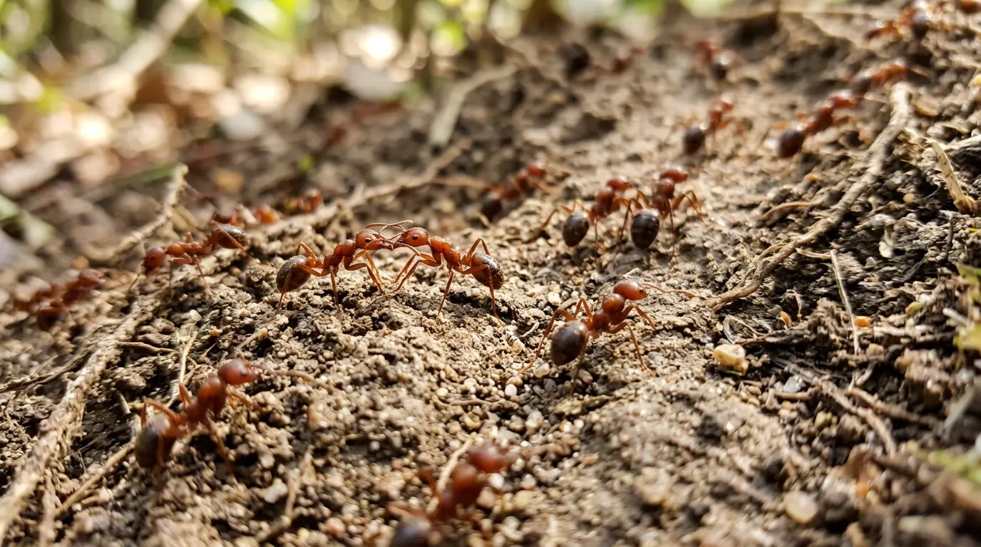fire ants following a scent trail across dry soil with several workers moving between nest areas