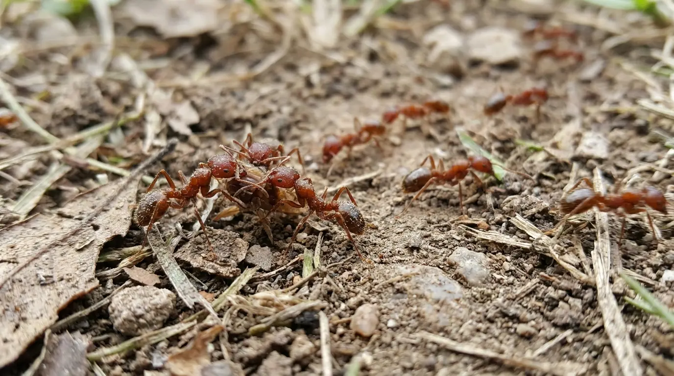 fire ants foraging across dry ground as workers search among soil grass stems leaves and small debris