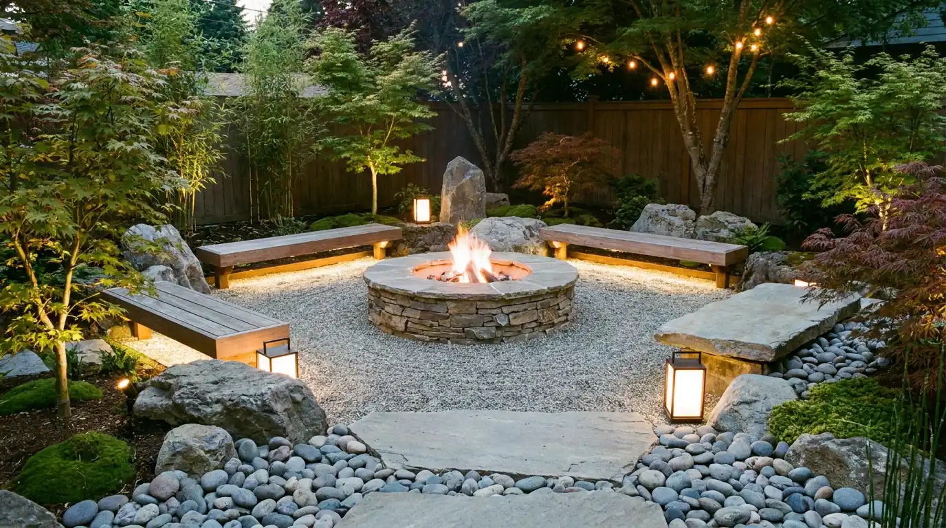 fire pit zen garden ideas with natural stone, open seating, and a calm backyard setting for evenings