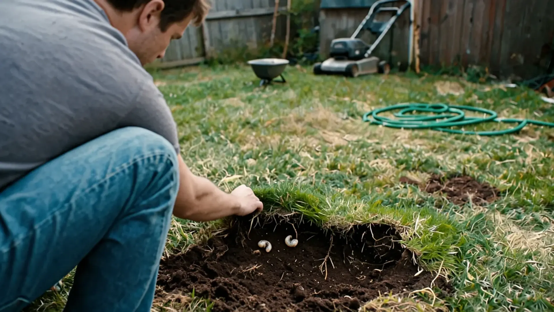 man kneels on a lawn lifting a section of sod to reveal soil and several white grubs underneath