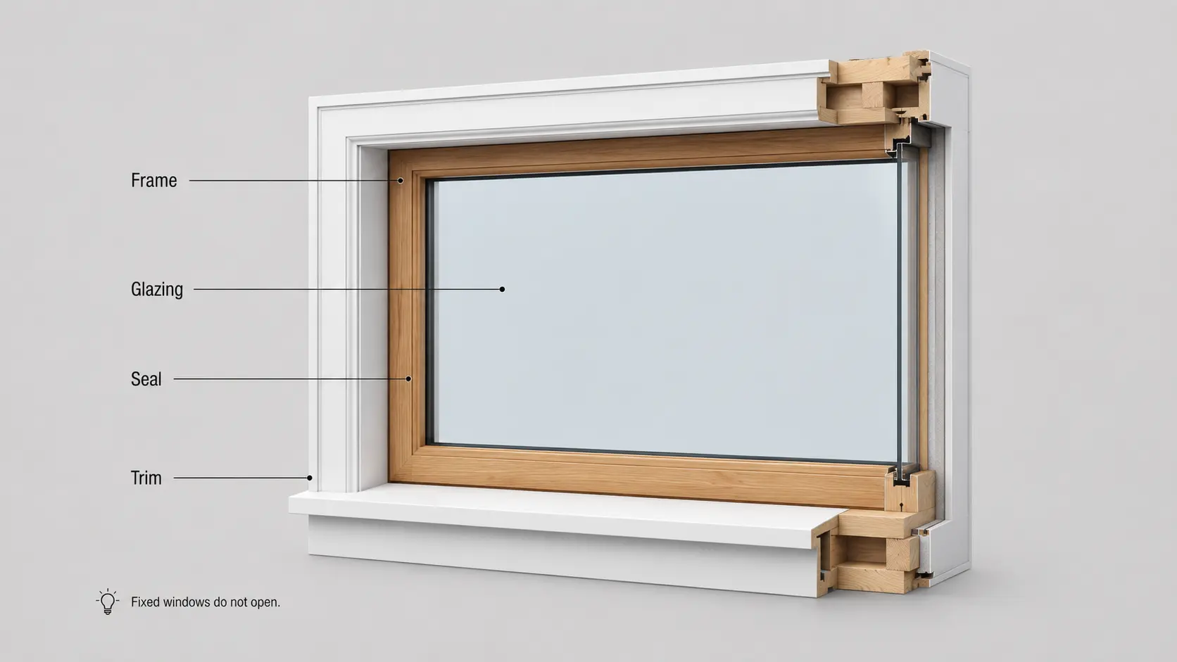 fixed window cutaway diagram labelling the frame glazing seal and trim around a sealed wood sash