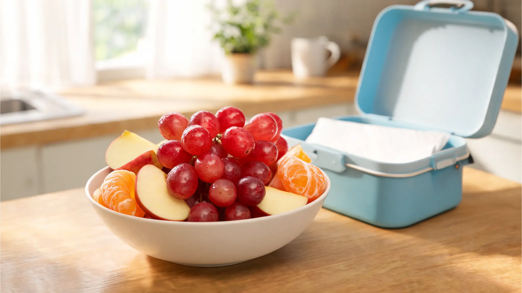 flame seedless red grapes in a fresh fruit salad bowl