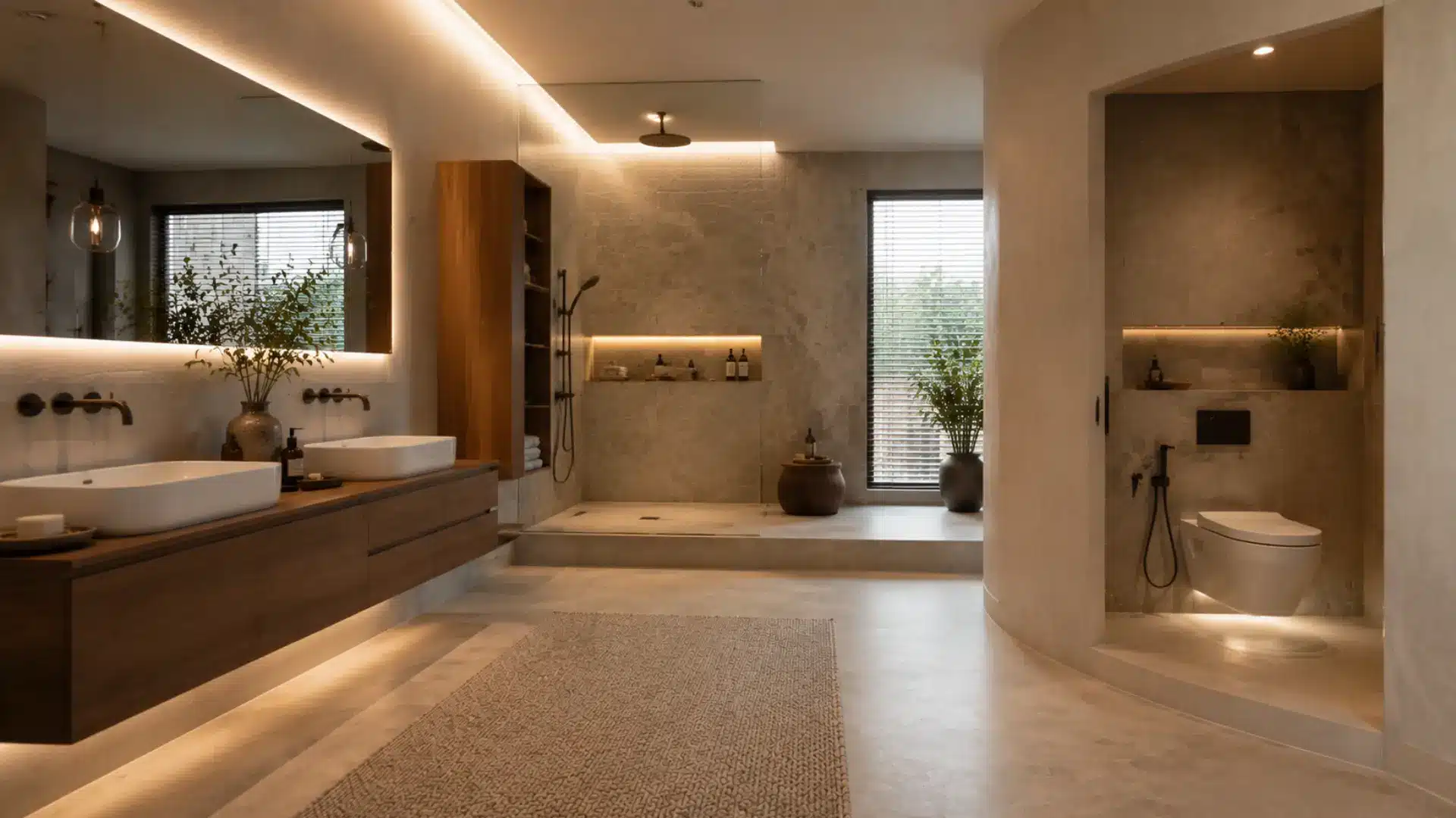 floating fixture water closet with wall mounted elements, sleek surfaces, and modern minimalist style