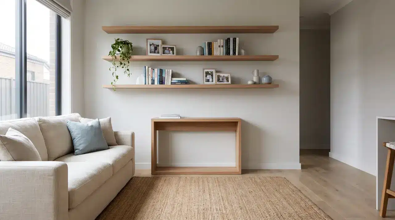 a set of floating wall shelves mounted above a sofa displaying books plants and decorative objects