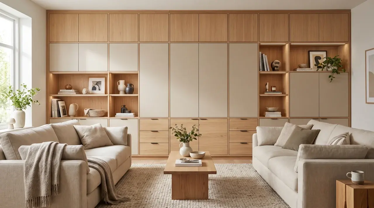floor to ceiling storage cabinets lining a living room wall providing ample space for books and belongings