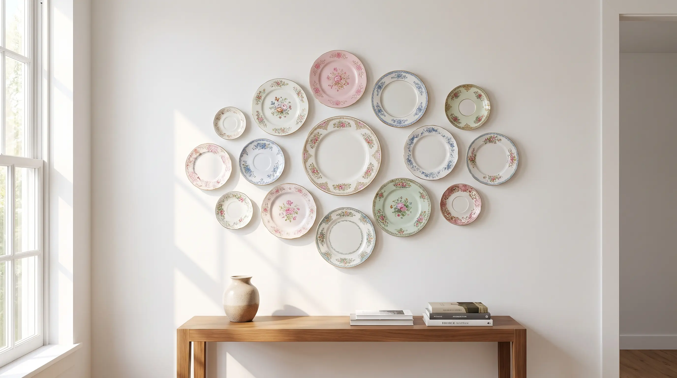 thrifted floral china plates stenciled and grouped together on the wall to form a decorative set