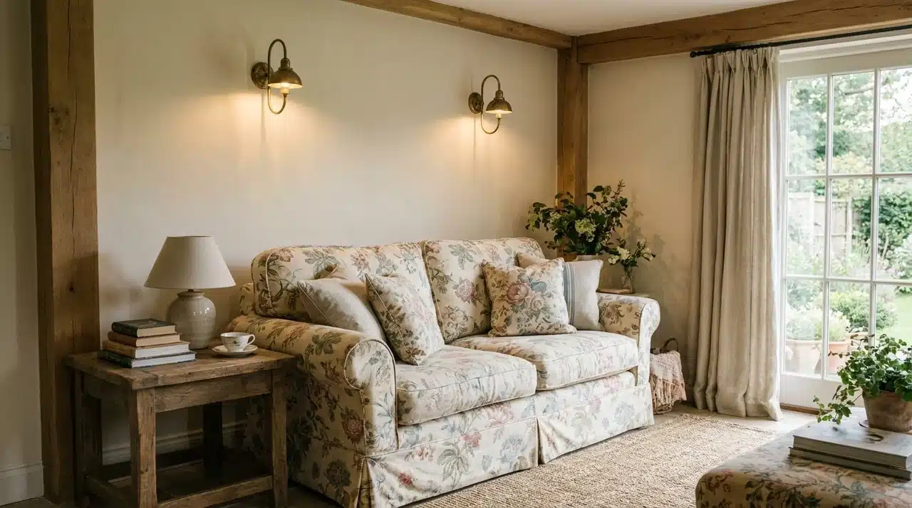 floral slipcovered chair with brass wall sconces in a soft eclectic reading nook
