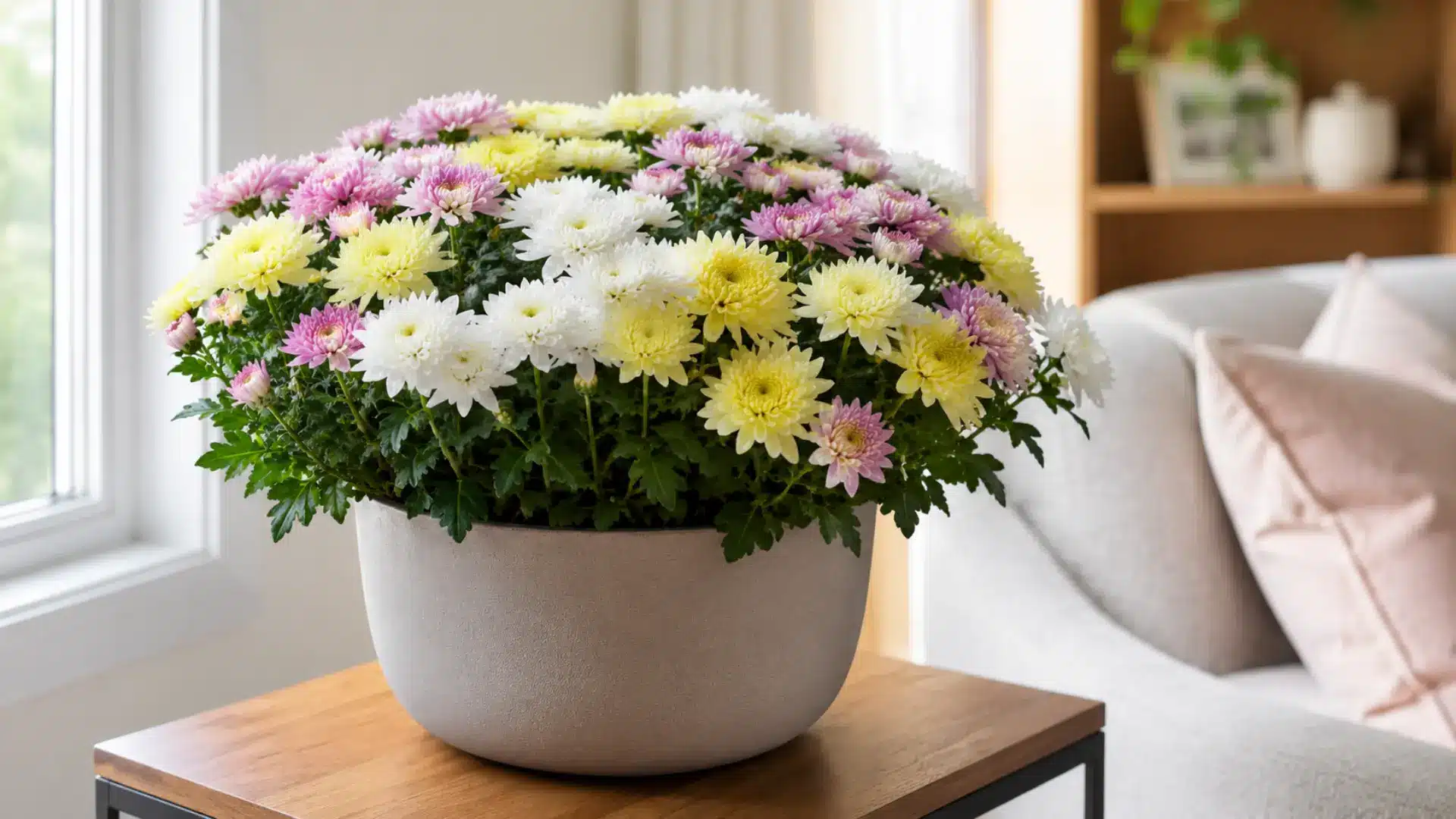 florists mum with soft pink yellow and white flowers in a wide pot beside a bright living room window