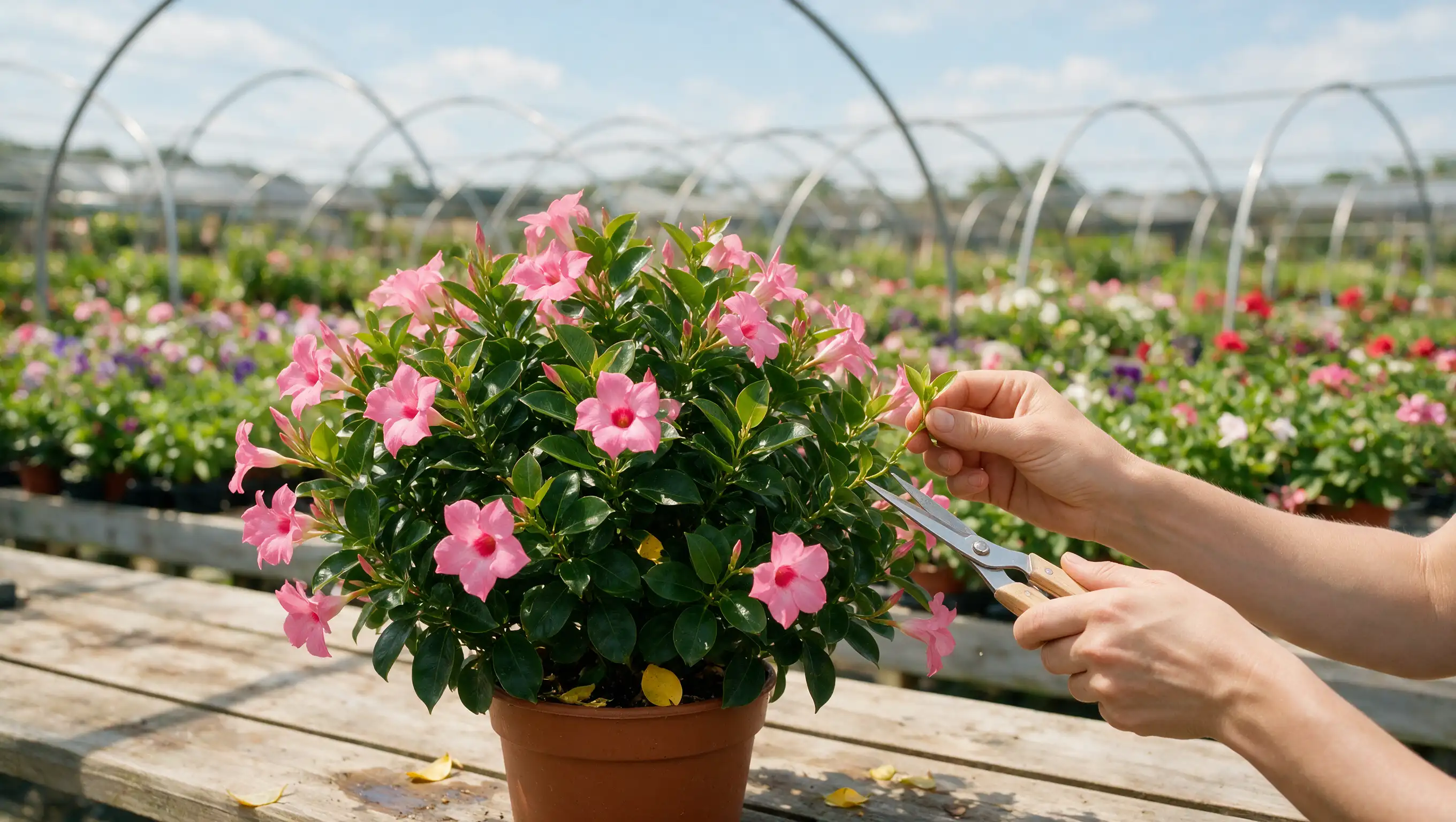 gardener pruning a flowering dipladenia plant with shears to encourage fuller growth
