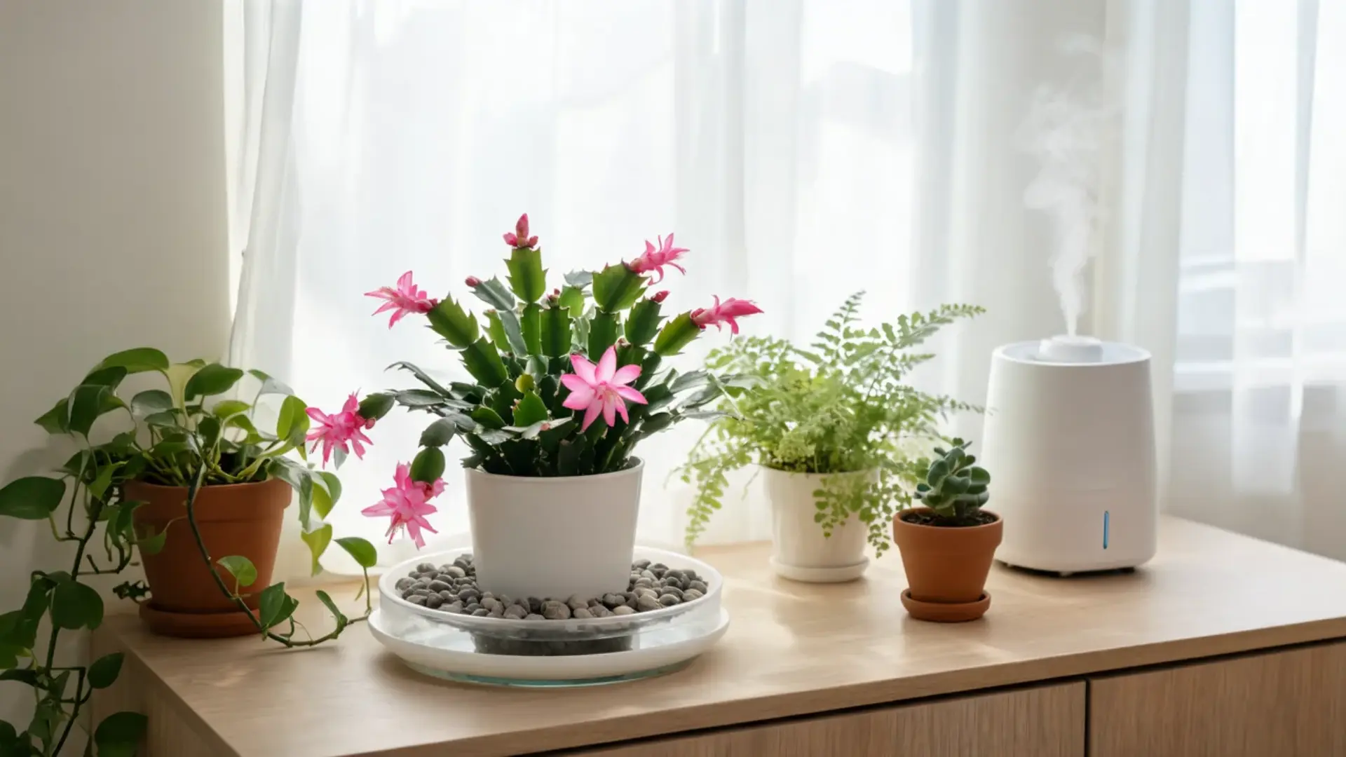 flowering easter cactus near a humidifier and other houseplants in soft indirect light on a shelf