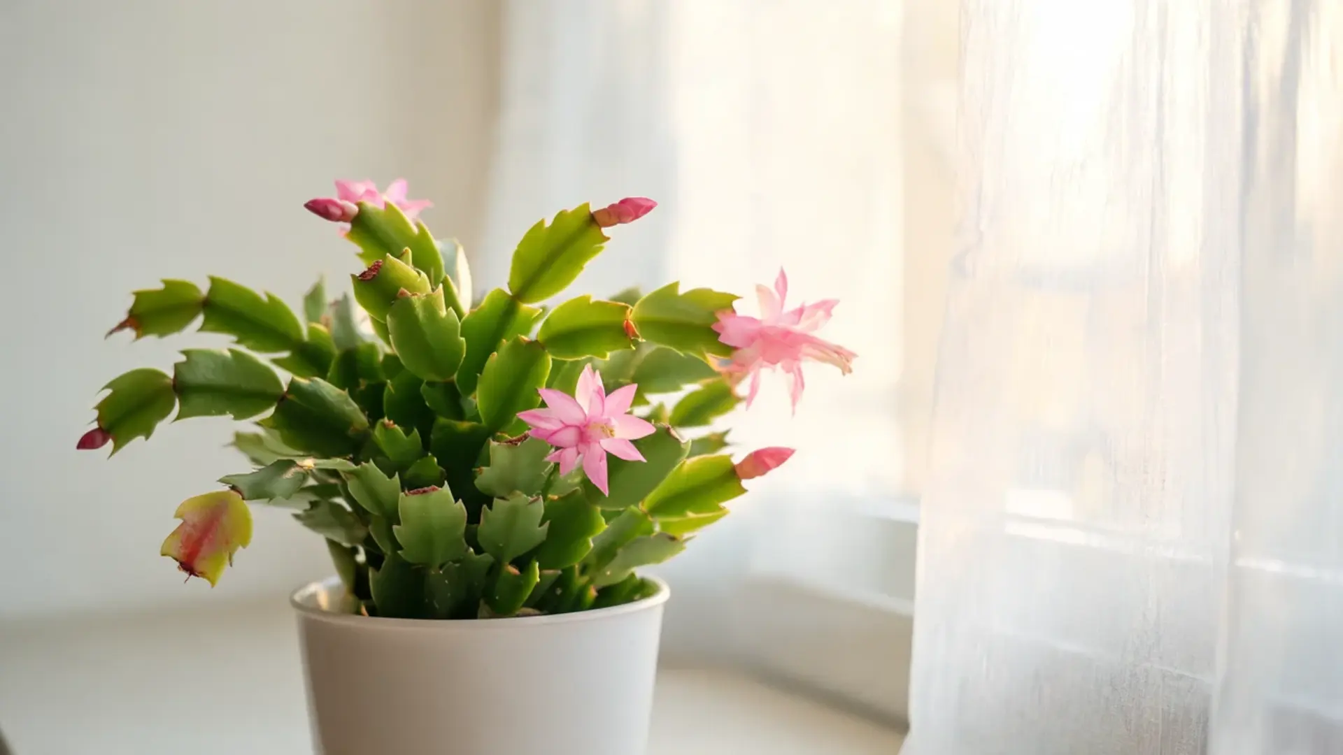 flowering easter cactus receiving bright filtered light beside a softly lit indoor window at home