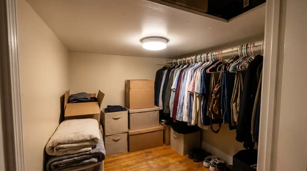 flush mount ceiling light illuminating a small closet with clothes and storage boxes