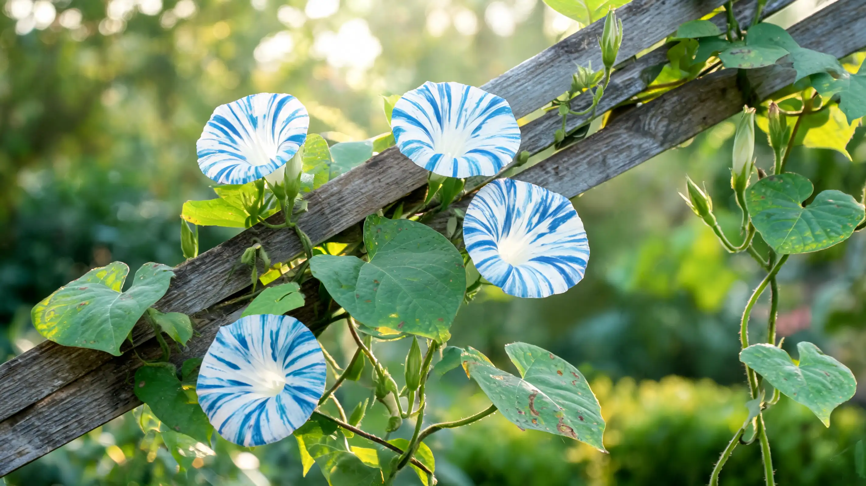 flying saucers morning glory with blue and white striped flowers growing among heart shaped green leaves