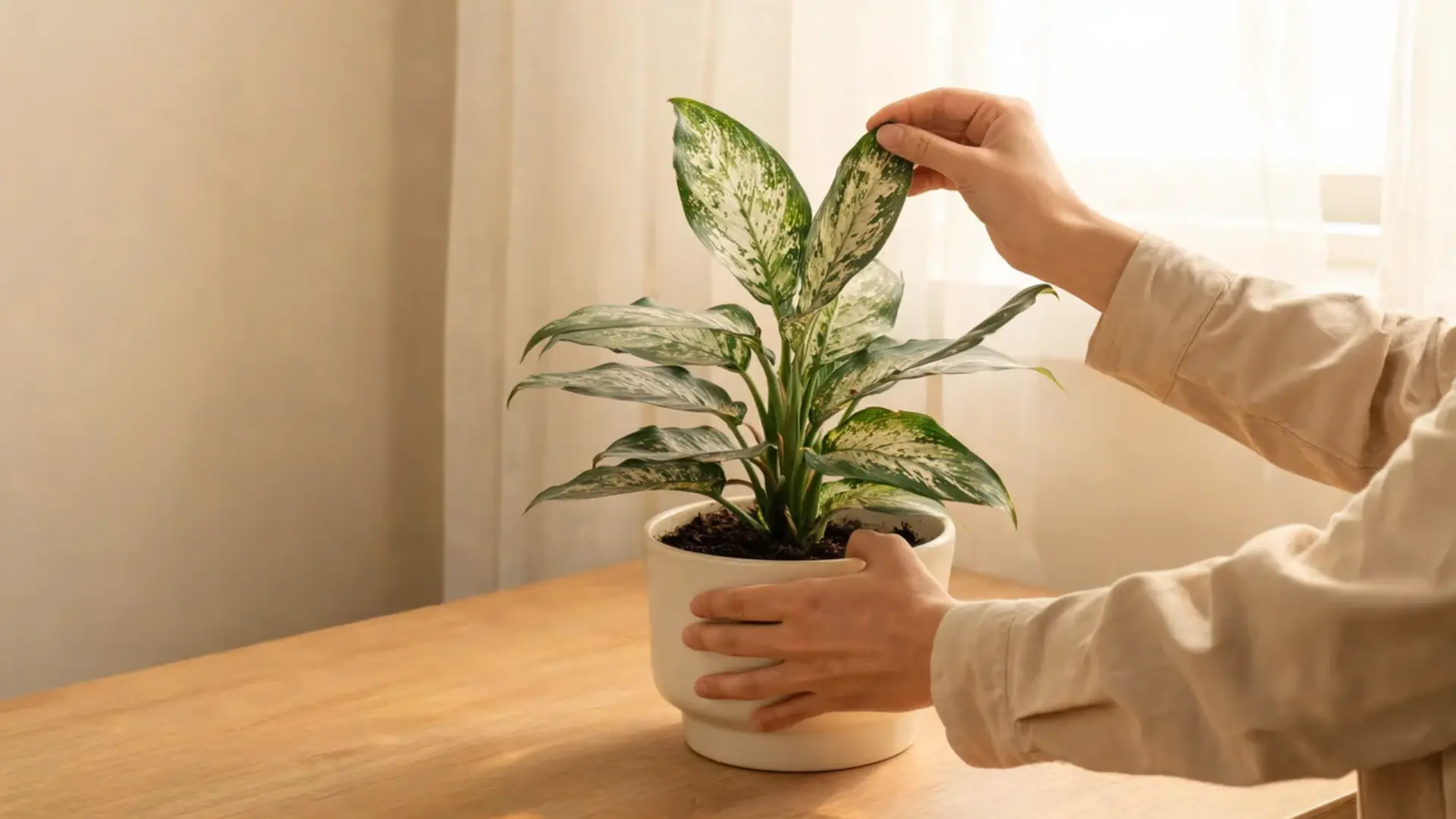 a person gently wiping down glossy houseplant leaves as part of a simple weekly maintenance routine