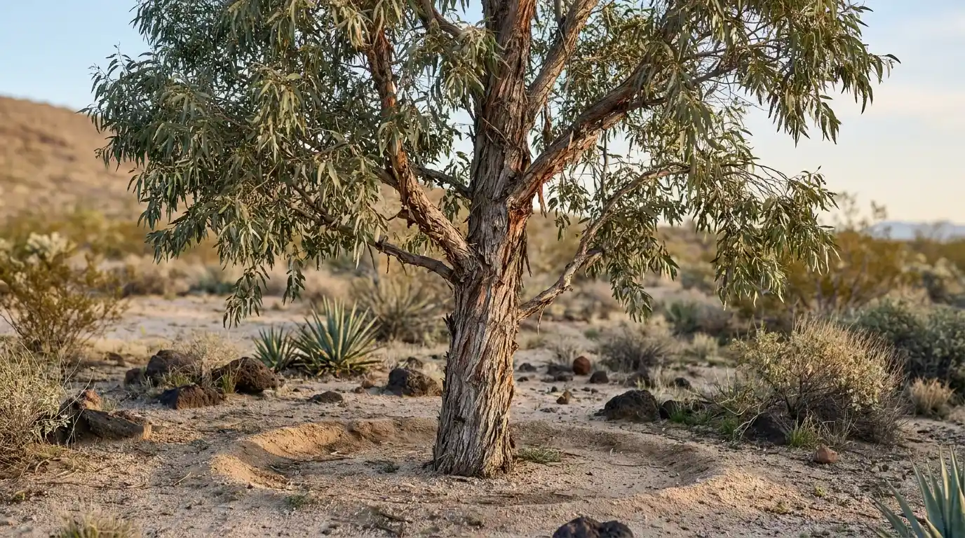 formans eucalyptus with shaggy bark gray green leaves and an open spreading crown in dry soil