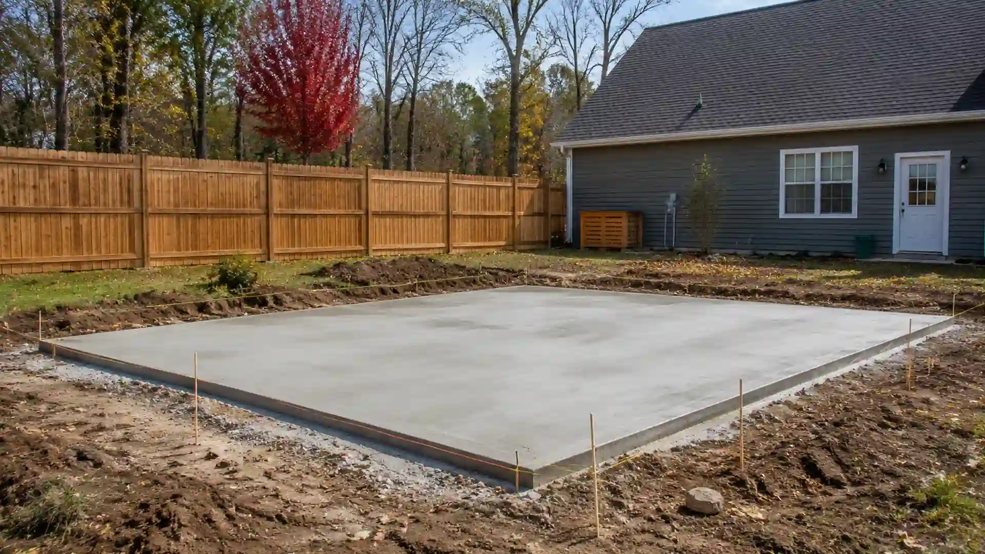 concrete slab foundation being prepared in a backyard beside a house during garage construction