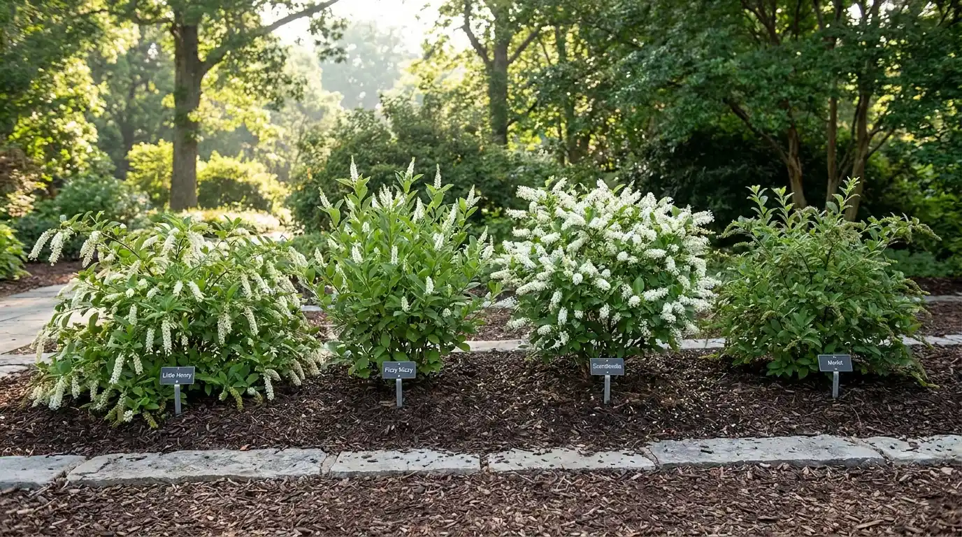 four compact virginia sweetspire cultivars spaced apart in a mulched garden bed with plant name markers